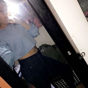 Light Blue Long Balloon Sleeve Crop Top